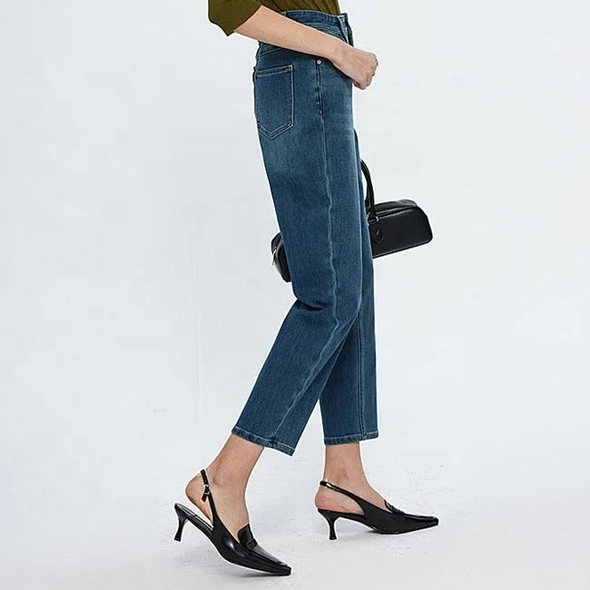 Dark Blue Cropped Tapered Jeans