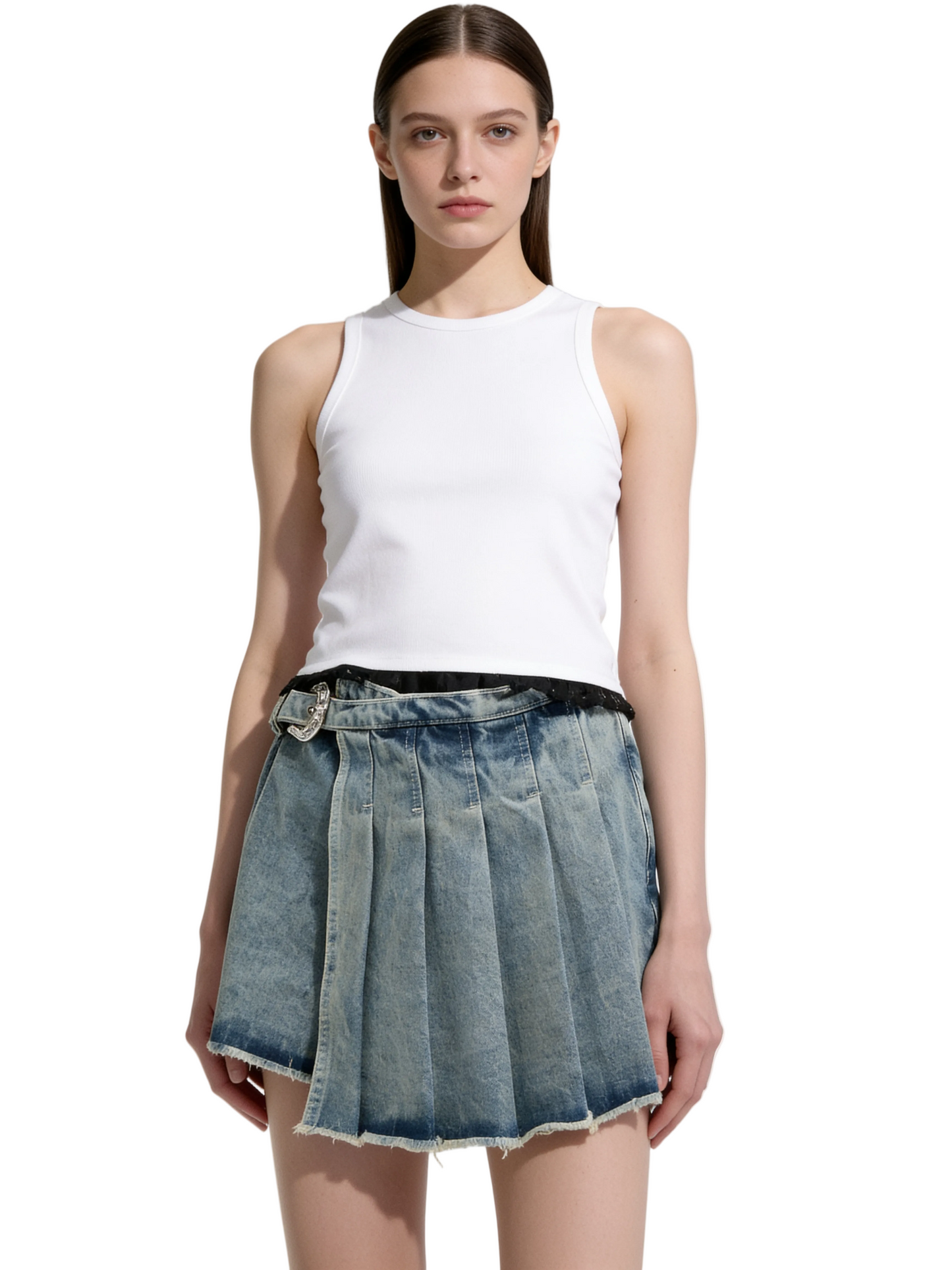 Blue Washed Denim Pleated Skort