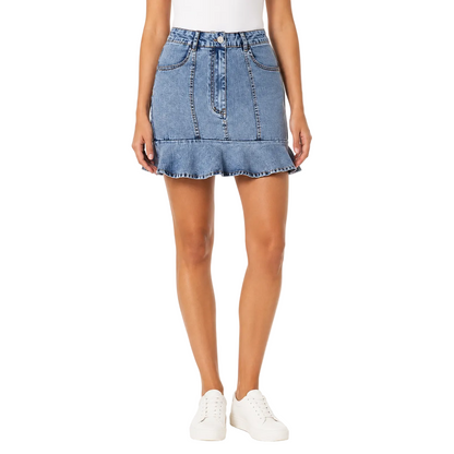 Light Blue Denim Ruffle Hem Mini Skirt