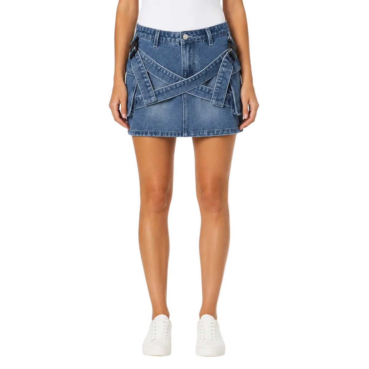 Blue Denim Utility Mini Skirt with Strap Details