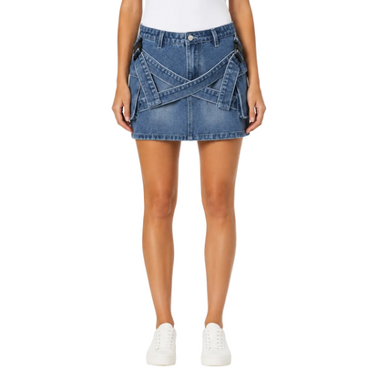 Blue Denim Utility Mini Skirt with Strap Details