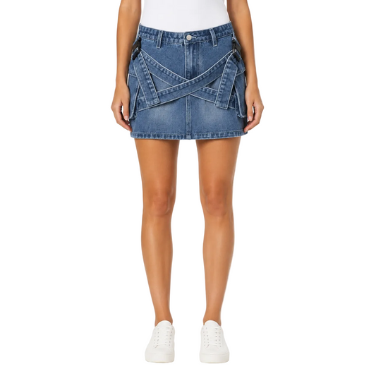 Blue Denim Utility Mini Skirt with Strap Details