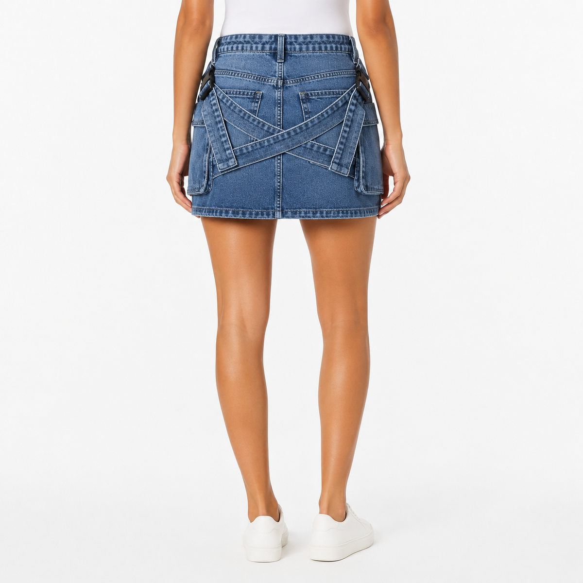 Blue Denim Utility Mini Skirt with Strap Details
