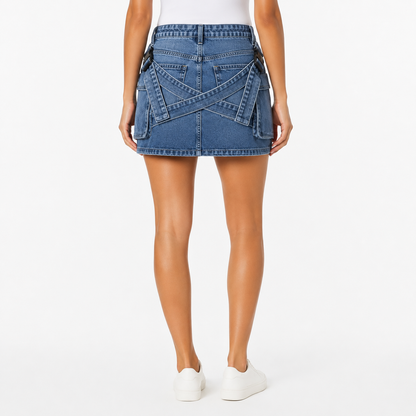 Blue Denim Utility Mini Skirt with Strap Details