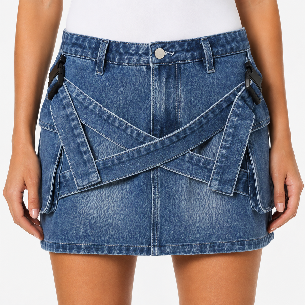 Blue Denim Utility Mini Skirt with Strap Details