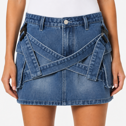 Blue Denim Utility Mini Skirt with Strap Details