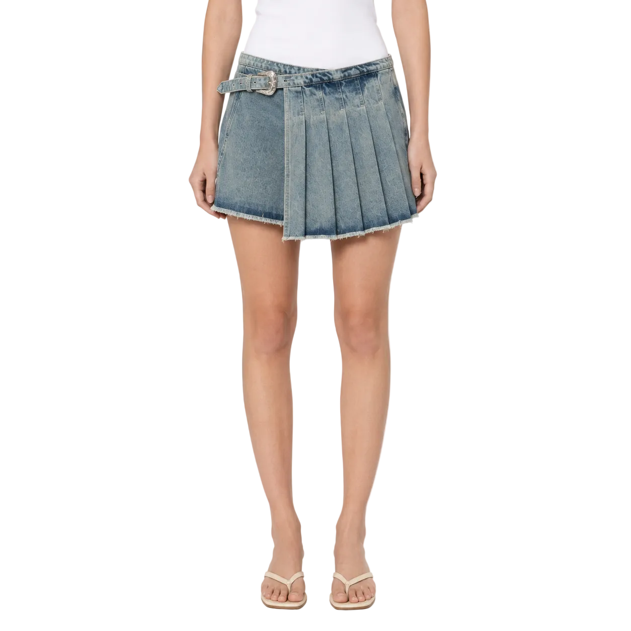 Belted Pleated Denim Mini Skirt in Blue Wash