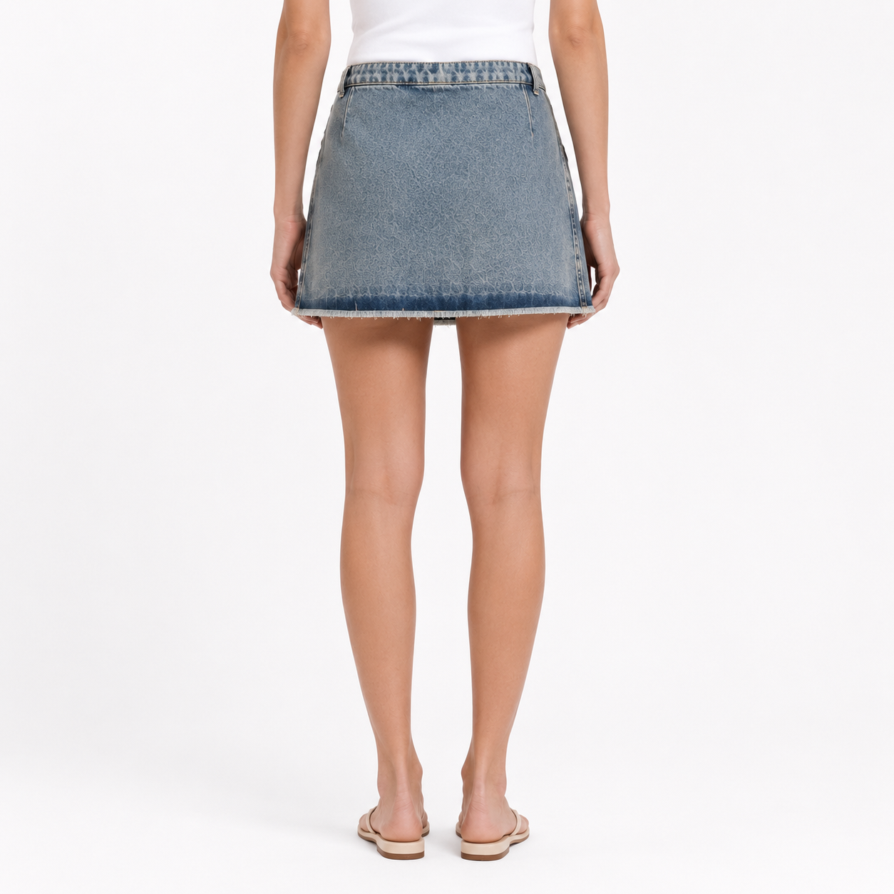 Belted Pleated Denim Mini Skirt in Blue Wash