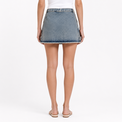 Belted Pleated Denim Mini Skirt in Blue Wash