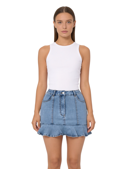 Light Blue Denim Ruffle Hem Mini Skirt