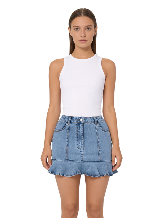 Light Blue Denim Ruffle Hem Mini Skirt