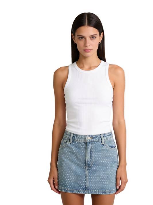 Light Blue Rhinestone Denim Mini Skirt