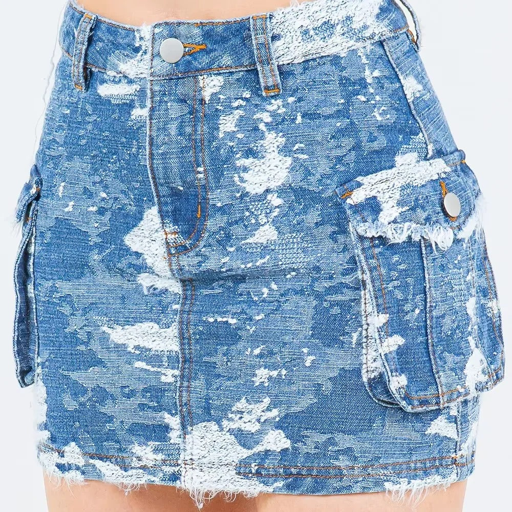 Blue Distressed Denim Cargo Mini Skirt