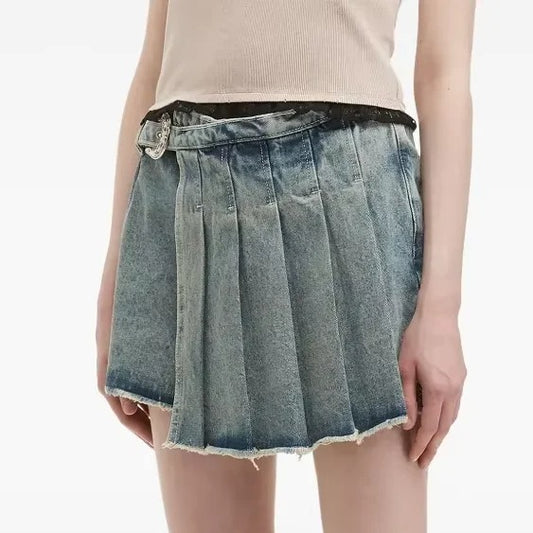 Blue Washed Denim Pleated Skort