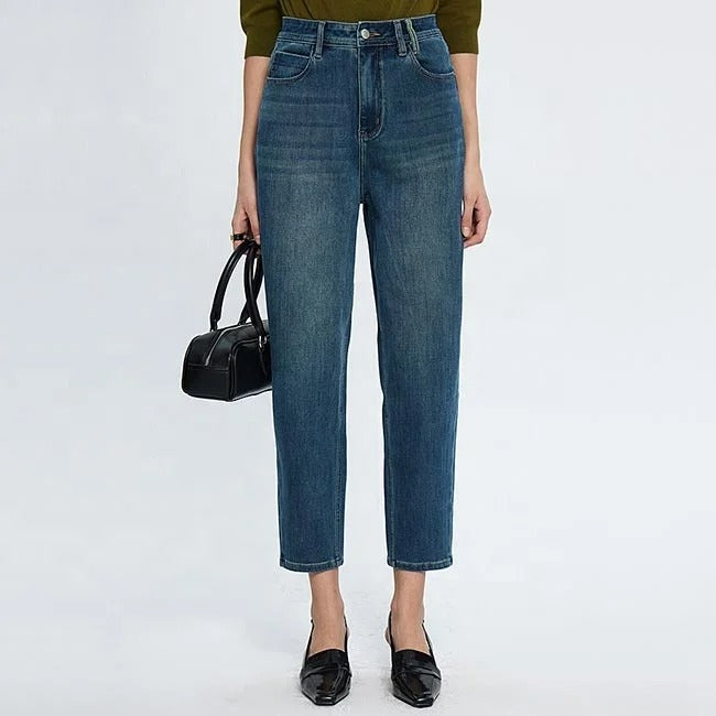 Dark Blue Cropped Tapered Jeans