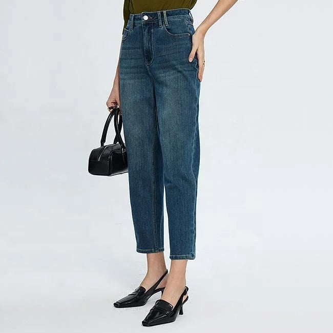 Dark Blue Cropped Tapered Jeans