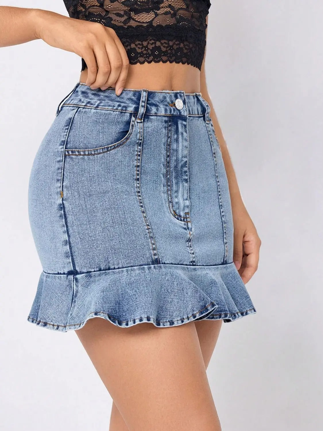 Light Blue Denim Ruffle Hem Mini Skirt