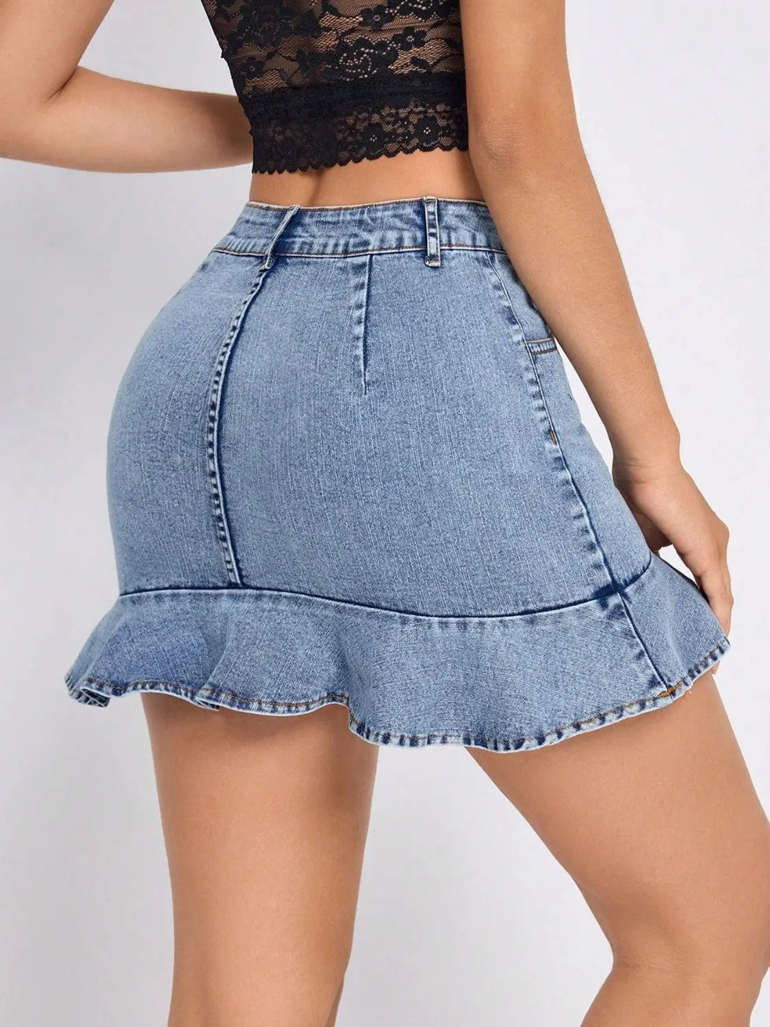 Light Blue Denim Ruffle Hem Mini Skirt