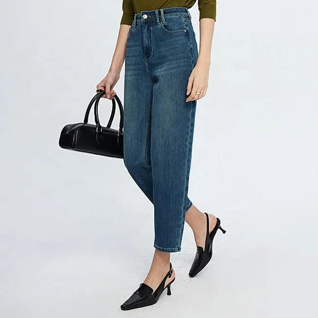 Dark Blue Cropped Tapered Jeans