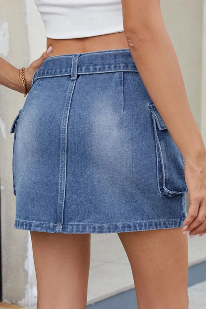 Blue Denim Utility Mini Skirt with Strap Details