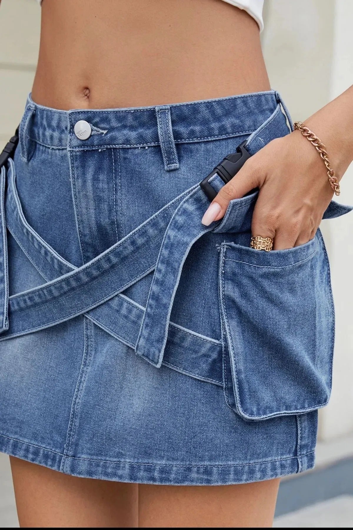 Blue Denim Utility Mini Skirt with Strap Details