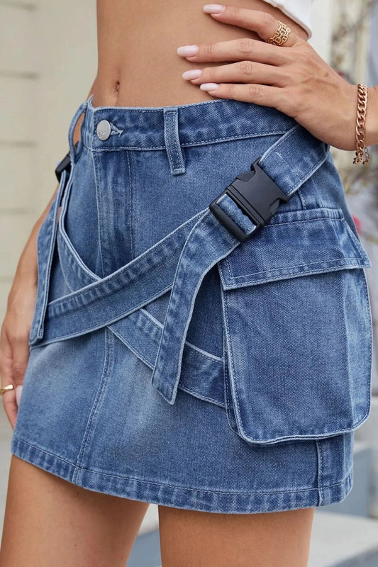 Blue Denim Utility Mini Skirt with Strap Details