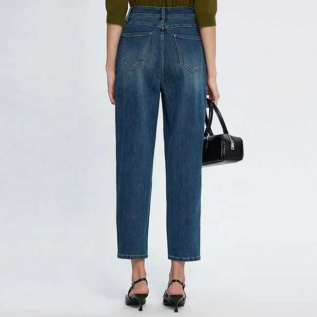 Dark Blue Cropped Tapered Jeans